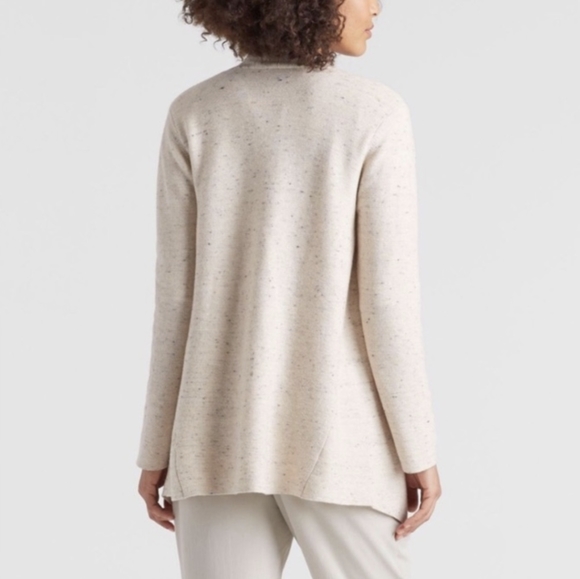 Eileen Fisher Cotton Wool Blend Cascading Open Front Cardigan Large Ivory Black - Picture 2 of 8